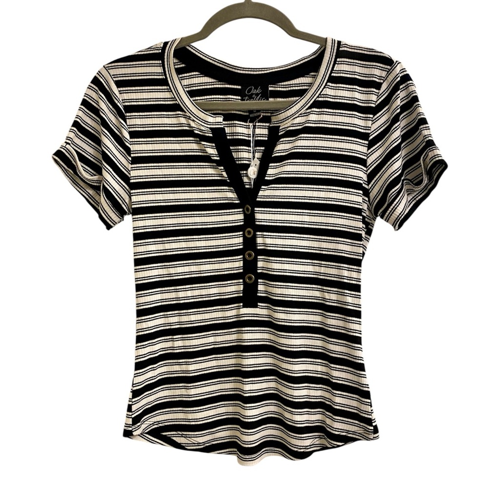 OAK & TRELLIS LA Y2K RIBBED STRIPED FITTED BABY TEE HENLEY MEDIUM GRUNGE INDIE